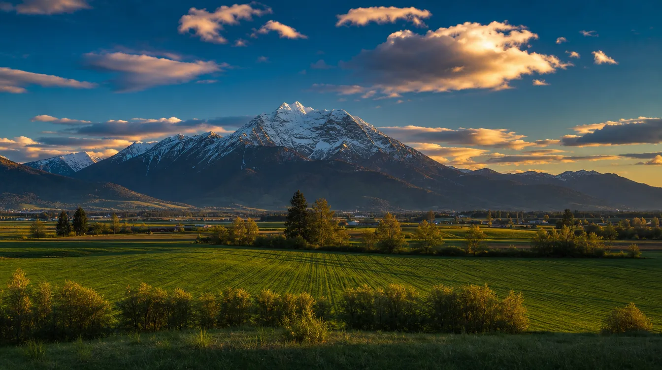 Golden-hour view over the Chilliwack valley with a snow-capped mountain — placeholder imagery.