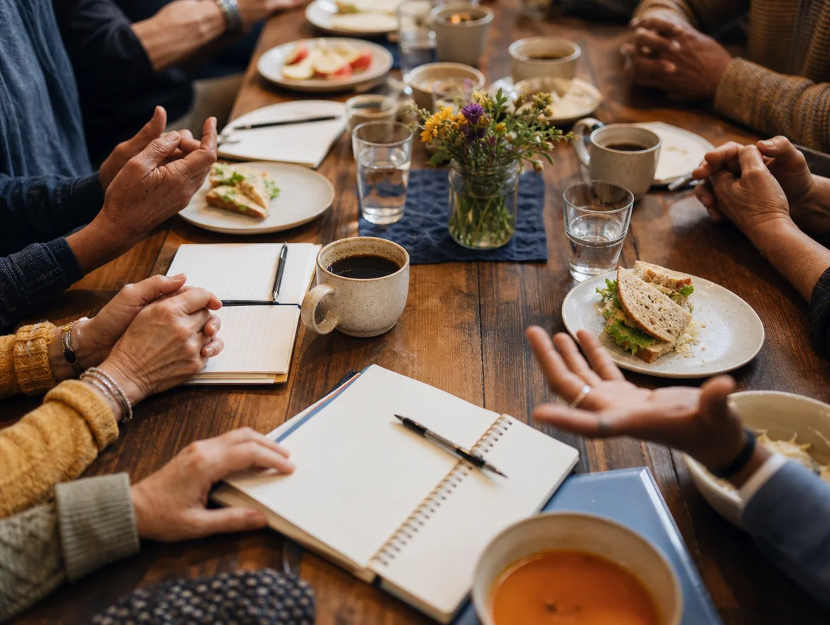 Overhead view of a community lunch table with hands and notebooks — the Friday lunch, the club's natural front door. Placeholder imagery.