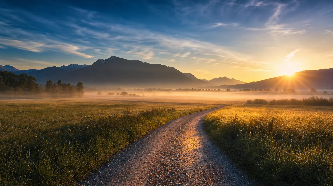 A winding dawn path through farmland toward the mountains — the Guest-to-Member Pathway. Placeholder imagery.